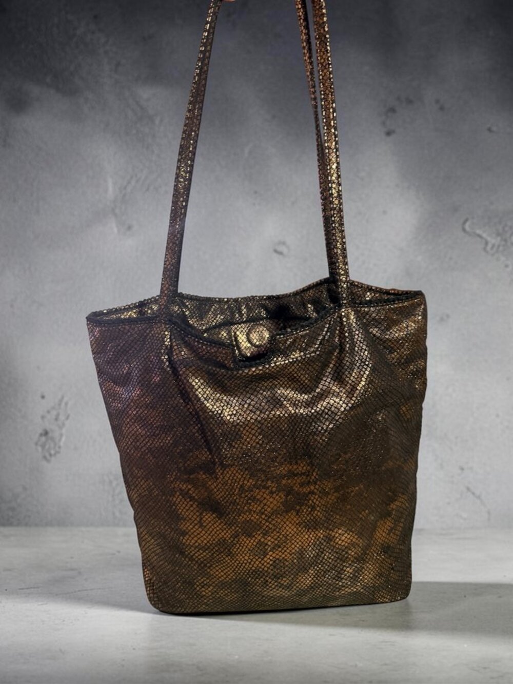 Fatto a Mano Carlos Falchi Metallic Bronze Snake Print Suede Tote Shoulder Bag